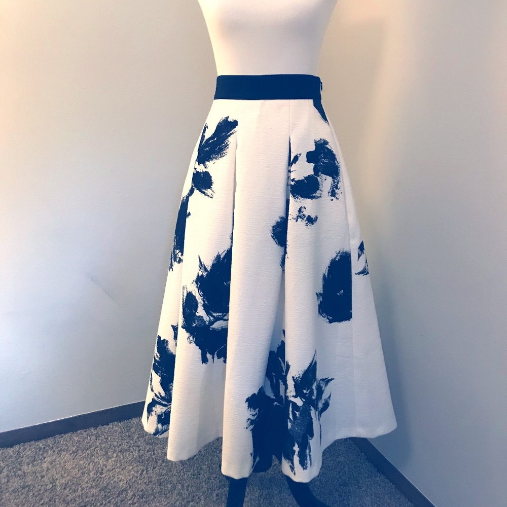 Black and Off White Midi Floral print Full Skirt